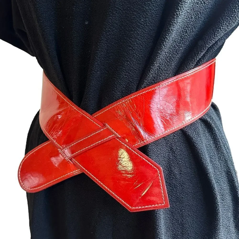 Vintage 80s Karl Lagerfeld Red Patent Leather Crossover Belt  size XS